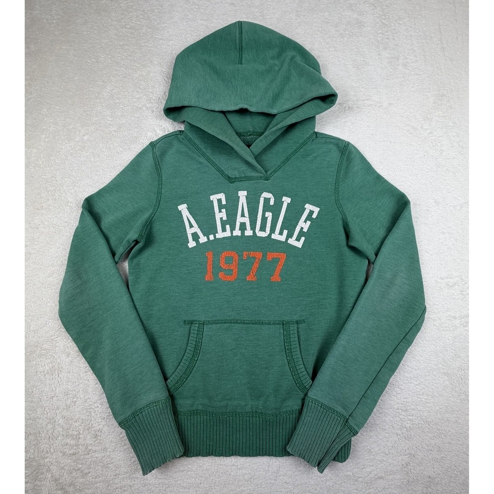 Vintage Y2K American Eagle Hoodie Women XL Green Faded Spell Out, 2000s Preppy